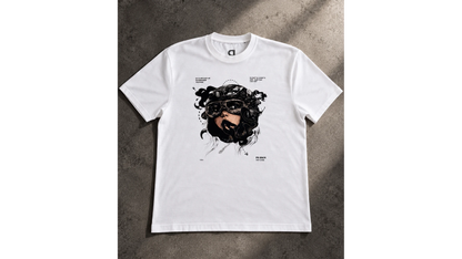 P8 Amse White Tee met bruine print, voorkant