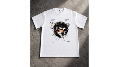 P8 Amse White Tee met navy print, voorkant